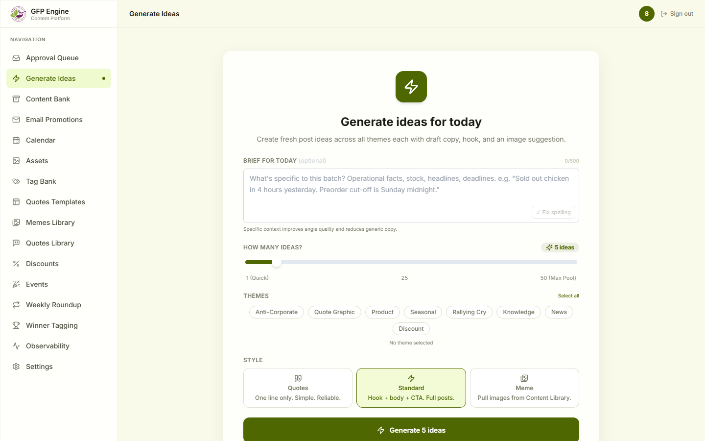 Good Food Project generate ideas screen